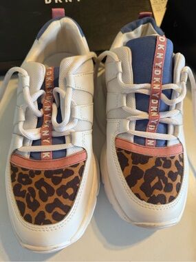 DKNY White Sneakers with Leopard Print and Pink Trim